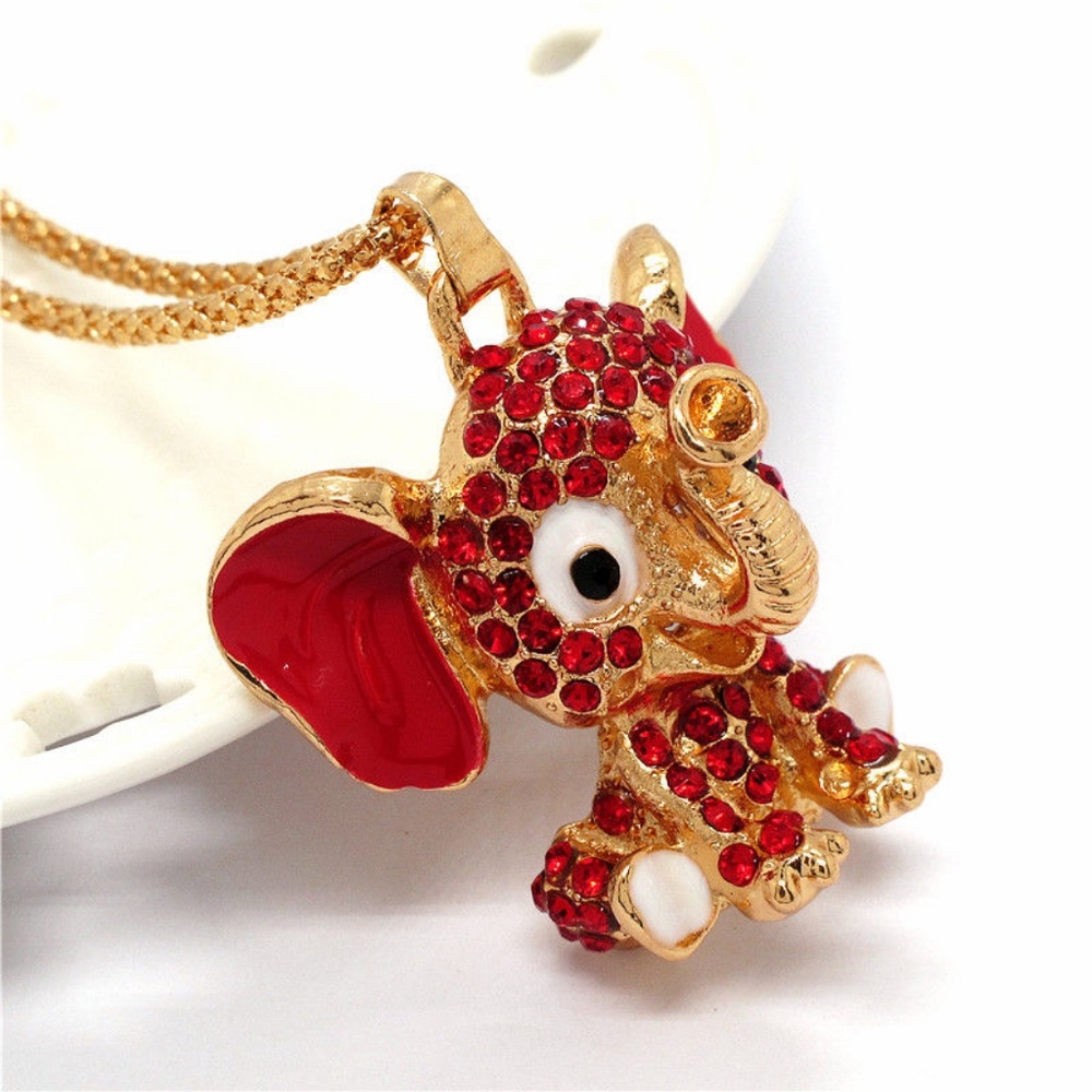 New Baby Elephant Red Crystal Enamel Gold Necklace